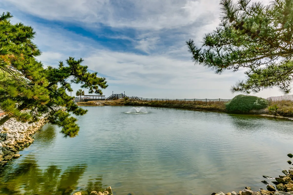 This image presents a peaceful scene of a calm pond with a decorative fountain, framed by abundant greenery and a distant wooden deck. The setting is serene, inviting residents to enjoy nature walks, birdwatching, or tranquil moments outdoors.